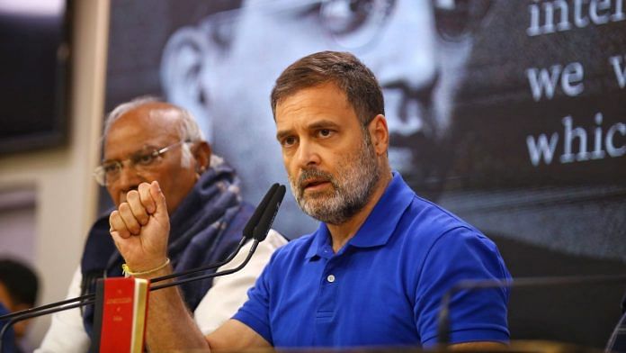 Congress president Mallikarjun Kharge and Lok Sabha LoP Rahul Gandhi at press conference in New Delhi, Thursday | Manisha Mondal | ThePrint