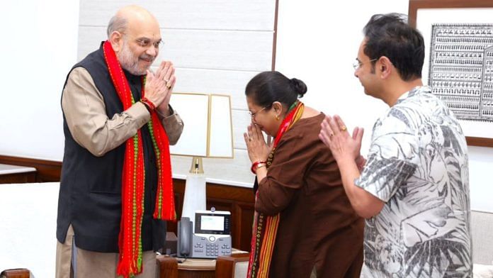 TIPRA Motha founder and royal scion Pradyot Kishore Manikya Debbarma and Rajya Sabha MP Kriti Devi Debbarman meet with Union Home Minister Amit Shah in New Delhi, Monday. | @PradyotManikya/ X