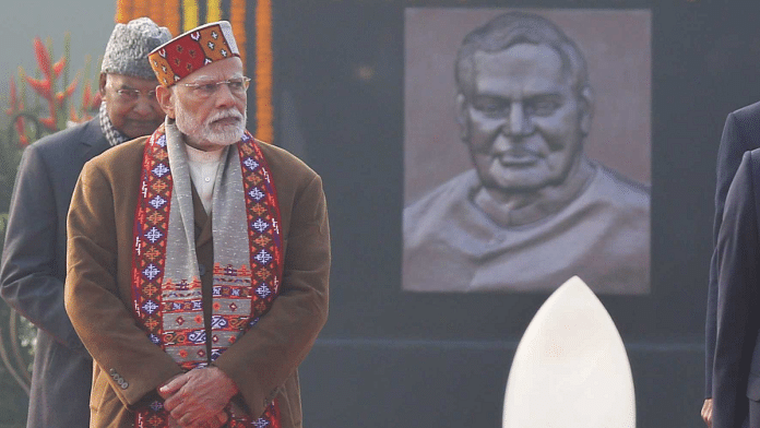PM Narendra Modi pays floral tributes to Atal Bihari Vajpayee on his 100th birth anniversary at 'Sadaiv Atal' memorial | ThePrint photo by Suraj Singh Bisht