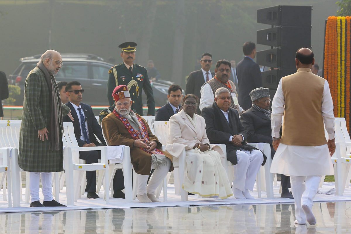 PM Modi and HM Amit shah offering seat to Lok Sabha Speaker Om Birla at Sadaiv Atal| Photo: Suraj Singh Bisht | ThePrint
