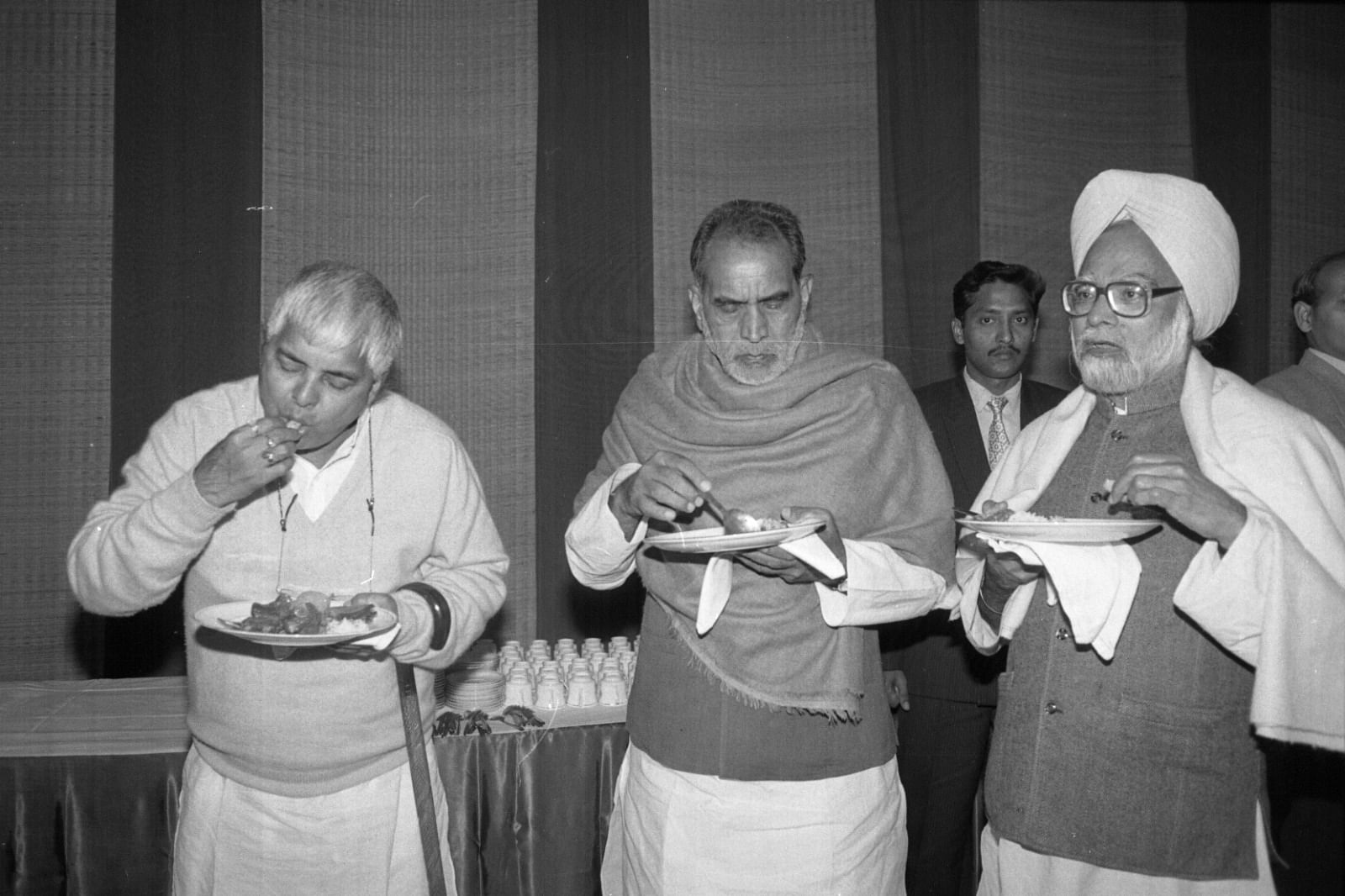 Singh was the leader of the Opposition in Rajya Sabha from 1998 to 2004. He is seen here with Chandra Shekhar (centre) who was the PM during 1990-91. The two are seen here with RJD leader Lalu Prasad Yadav (left) in Bihar Bhavan. | Photo: Praveen Jain