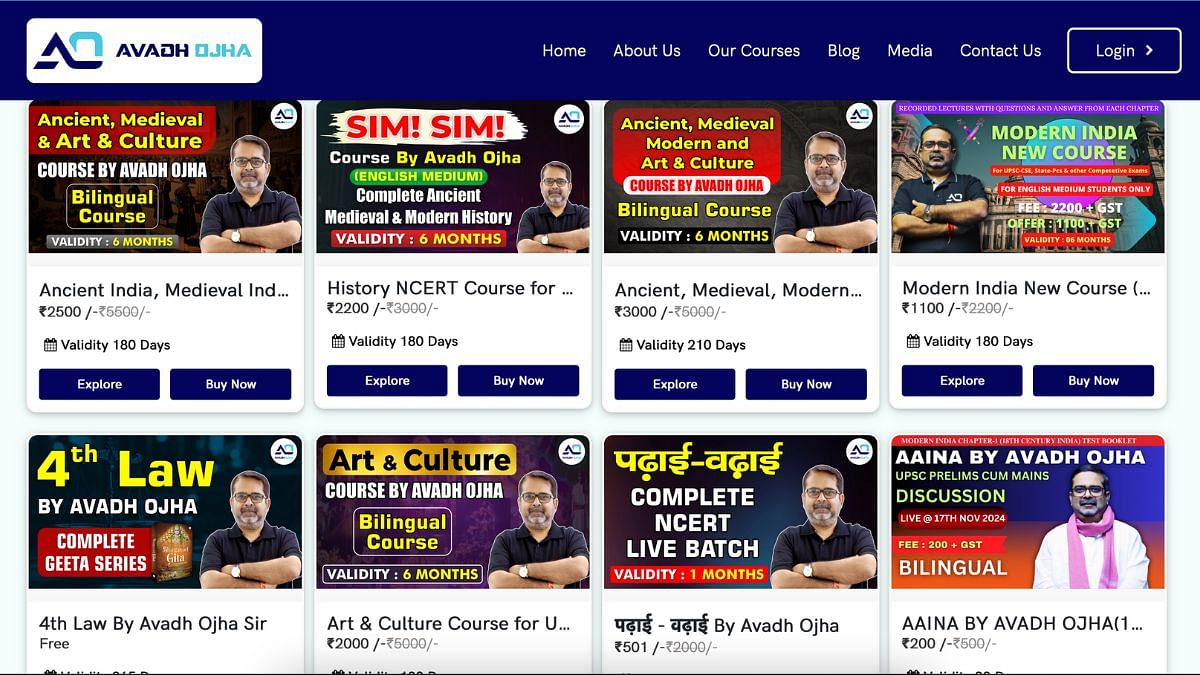 A catalogue of Avadh Ojha’s classes, as listed on his website | Instagram