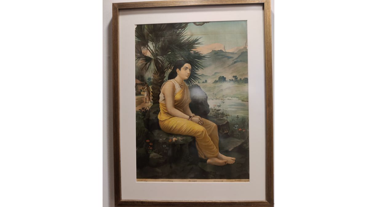 Ravi Varma depicts Sita’s second exile near Valmiki’s ashram, following Rama’s return to Ayodhya, as questions about her purity arise among the people. | Photo: Sakshi Mehra | ThePrint