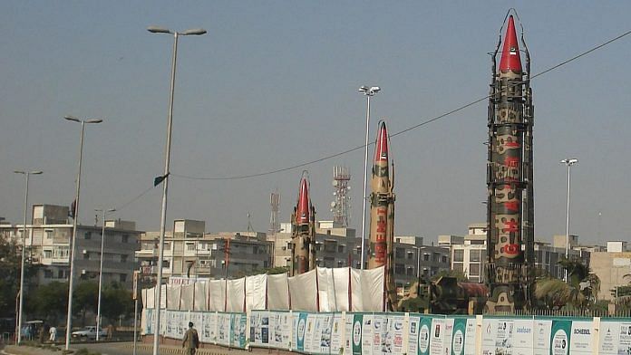 The Ghauri-1 (first on right) display at the IDEAS exhibition in Karachi, mounted in its TEL launch mechanism, 2008