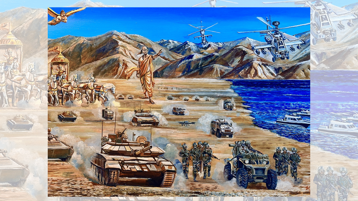 The painting titled 'Karm Kshetra', now hanging in the Army chief's office | X/@bsdhanoaThe painting titled 'Karm Kshetra', now hanging in the Army chief's office | X/@bsdhanoa