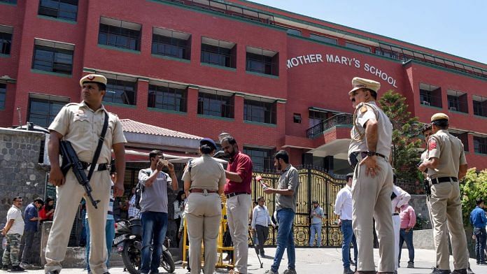 Police personnel outside a Delhi school after bomb threats | File Photo | ANI