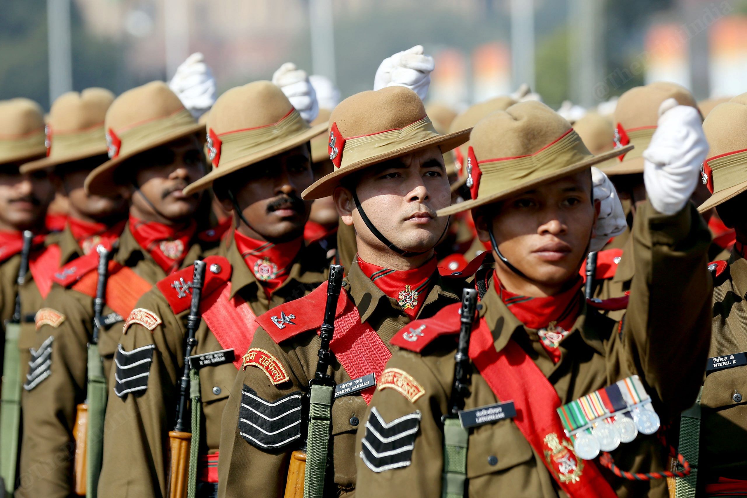 A contingent of the Assam Rifles during the rehearsals on Kartavya Path. | Photo: Suraj Singh Bisht | ThePrint