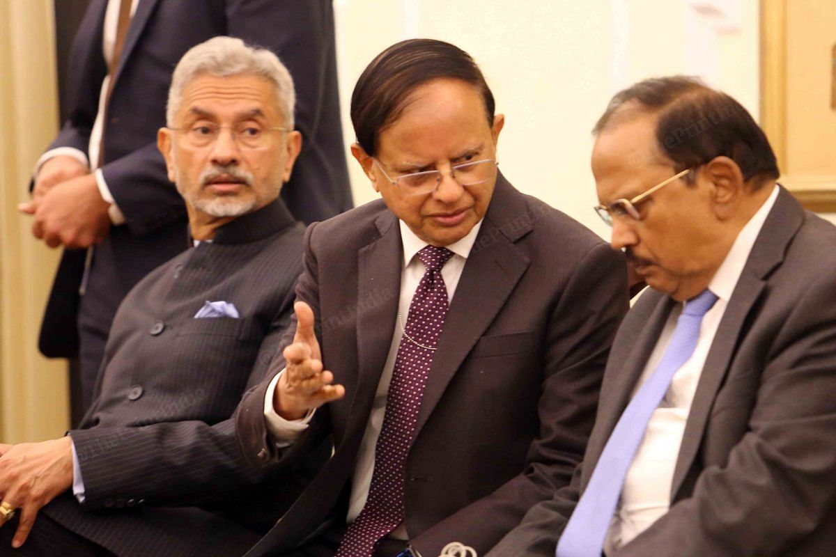 From left to right: External Affairs Minister S. Jaishankar, Principal Secretary to PM P.K. Mishra and National Security Adviser Ajit Doval at Hyderabad House | Praveen Jain | ThePrint