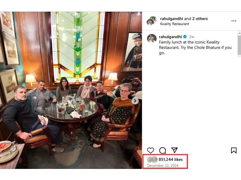 Screenshot of Rahul Gandhi’s Instagram post regarding family lunch in Delhi. (Source: Instagram)