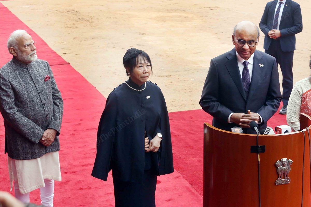 Singaporean President Shanmugaratnam addresses media persons after the ceremonial reception | Praveen Jain | ThePrint