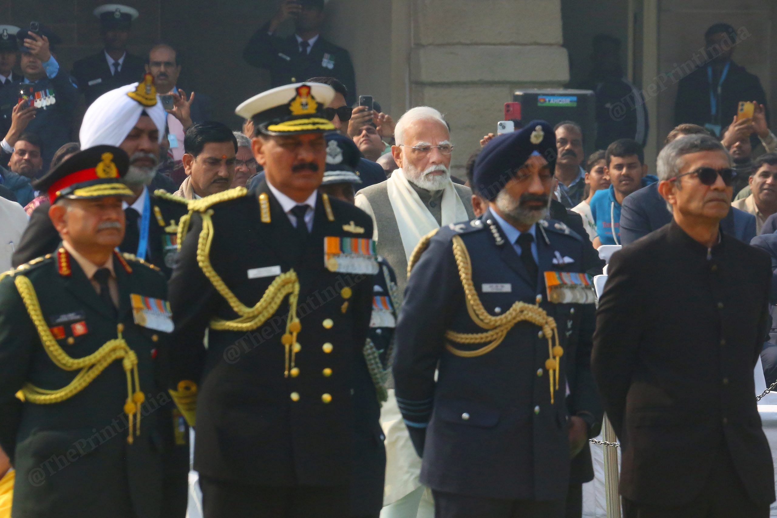 From left to right: Chief of the Army Staff General Upendra Dwivedi, Admiral Dinesh Kumar Tripathi, Air Chief Marshal A.P. Singh, and Defence secretary Rajesh Kumar Singh at Rajghat on Martyr's Day | Photo: Praveen Jain | ThePrint
