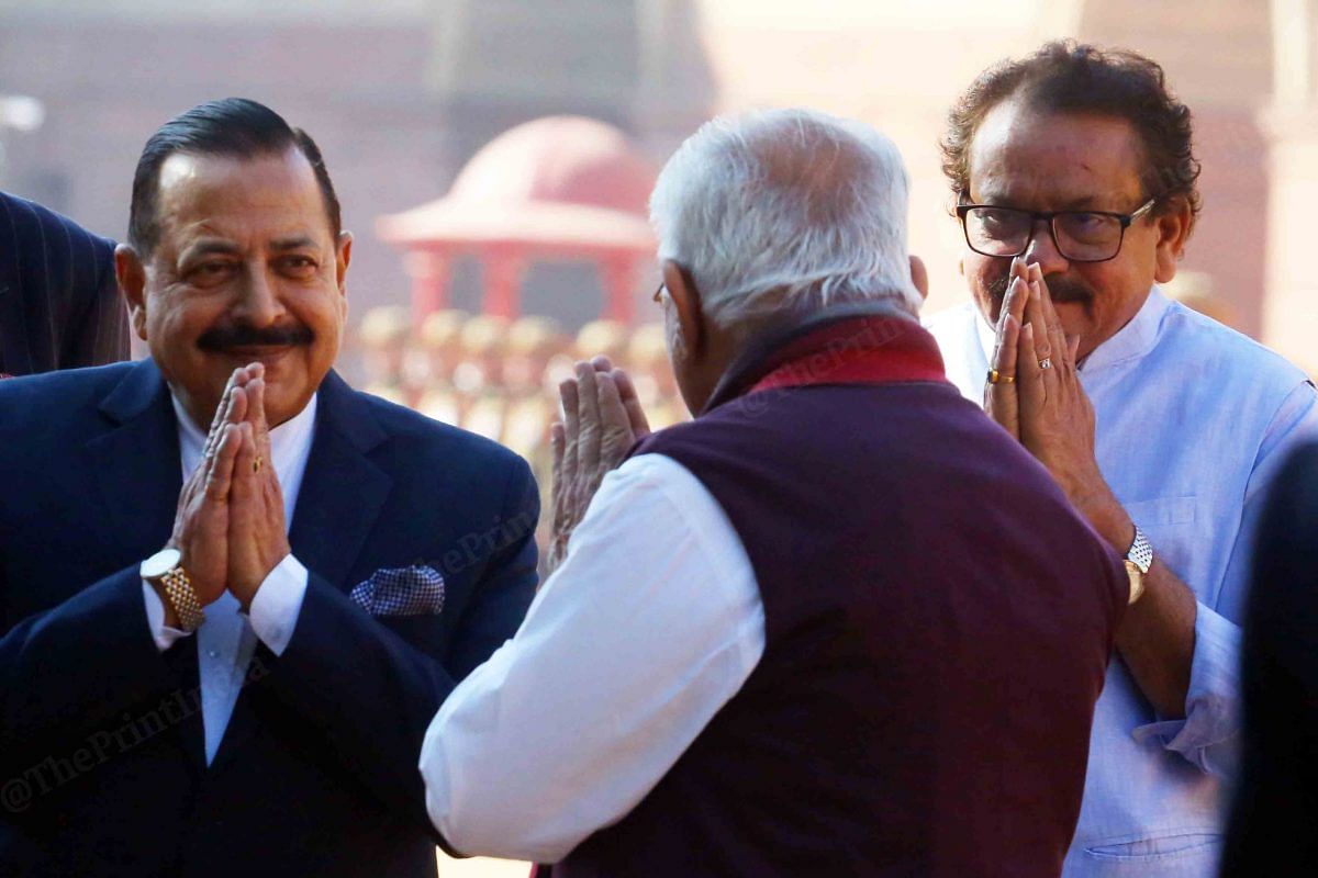 Ministers of State Jitendra Singh and S. P. Singh Baghel greeting Union Minister Khattar at Rashtrapati Bhawan | Praveen Jain | ThePrint