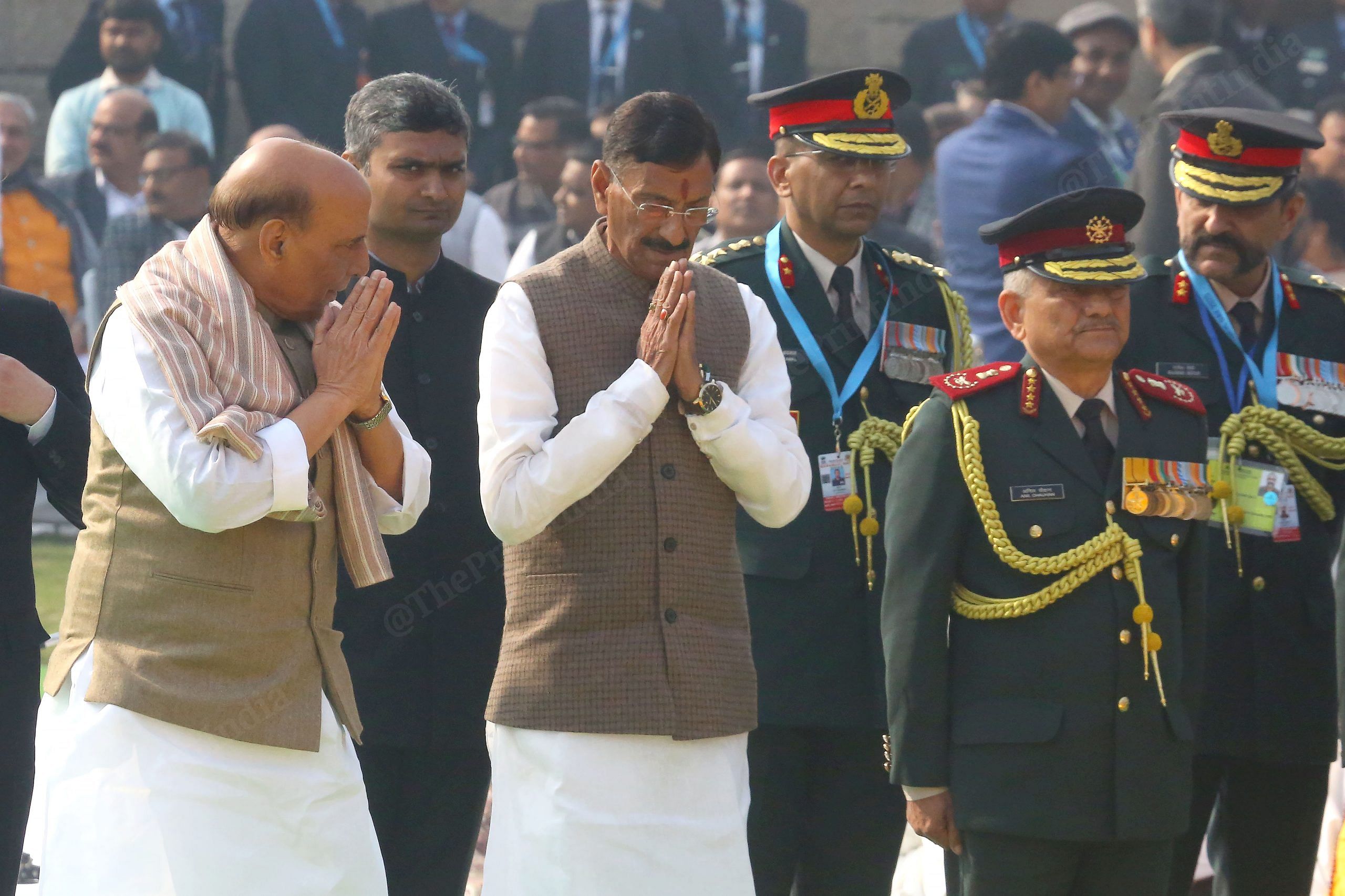 Defence Minister Rajnath Singh, MoS Sanjay Seth and CDS General Anil Chauhan at Rajghat | Photo: Praveen Jain | ThePrint