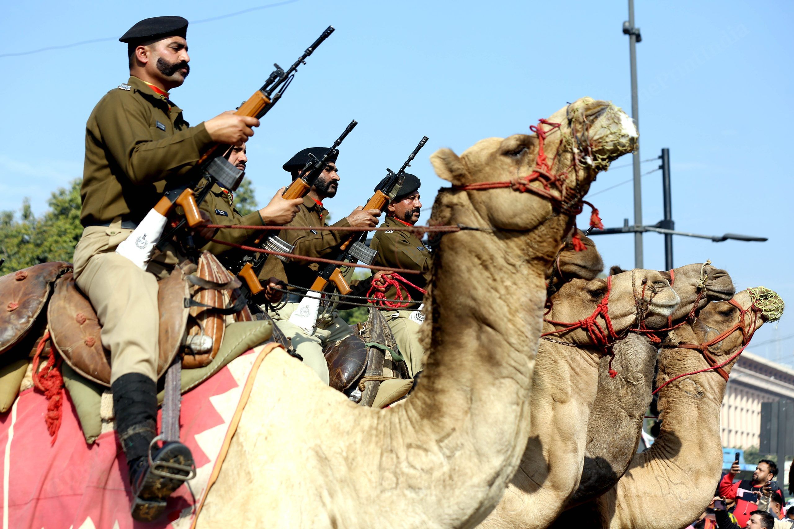 A BSF contingent, mounted on camels, participates in the rehearsals. | Photo: Suraj Singh Bisht | ThePrint