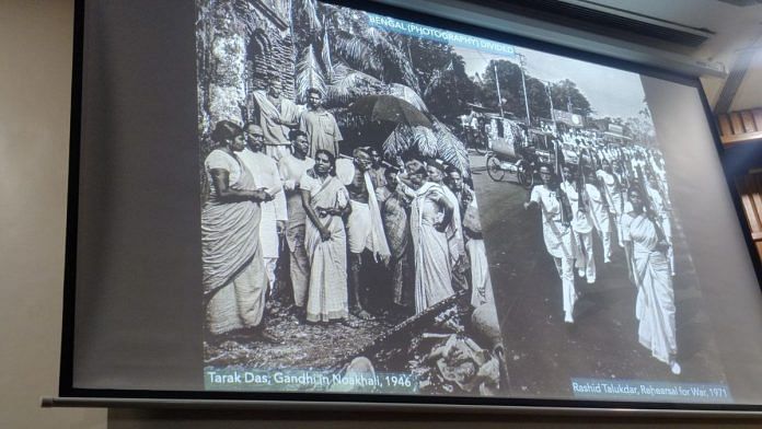 Photograph by Tarak Das of Gandhi in Noakhali in 1946 (left) and by Rashid Talukdar of Rehearsal of war in 1971 (right). | Sakshi Mehra | ThePrint