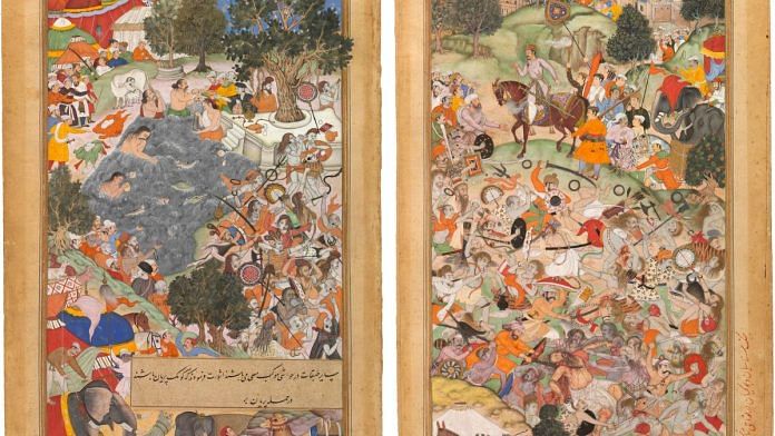 Miniature paintings from Akbarnama. They depict the Mughal emperor witnessing the Battle of Thanesar, where ascetics came to blows over camping rights | Photo via Wikimedia Commons