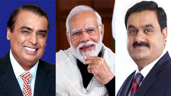 File photo of business tycoons Mukesh Ambani, Gautam Adani, and PM Narendra Modi | ANI