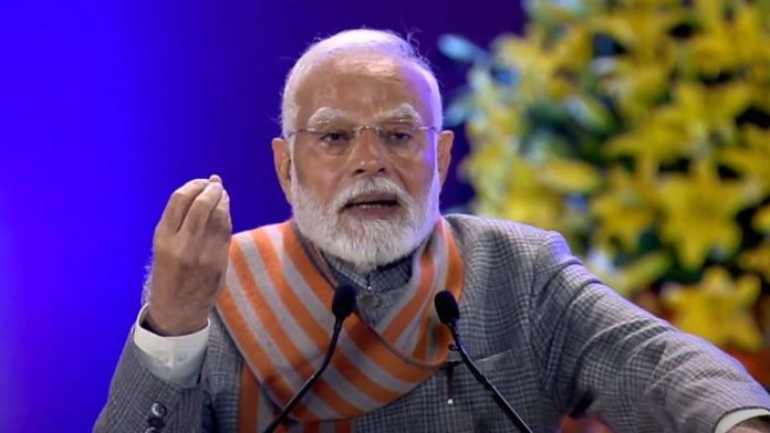 Prime Minister Narendra Modi addressing the 150th Foundation Day celebrations of India Meteorological Department at Bharat Mandapam, New Delhi, Tuesday. | @Indiametdept/ YouTube