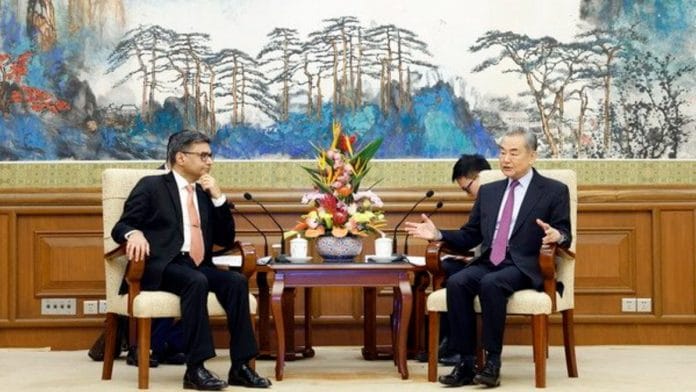 Indian Foreign Secretary Vikram Misri with Chinese Foreign Minister Wang Yi in Beijing, Monday | X@China_Amb_India