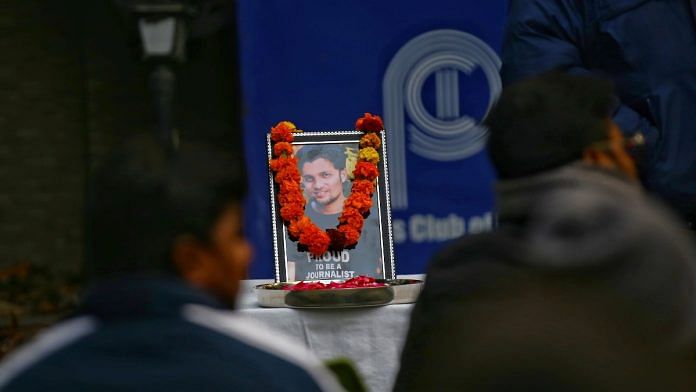 Journalists in Delhi gather to pay last respects to Chhattisgarh journalist Mukesh Chandrakar, who was brutally killed last week. Chandrakar did a story on corruption in road construction | Manisha Mondal | ThePrint