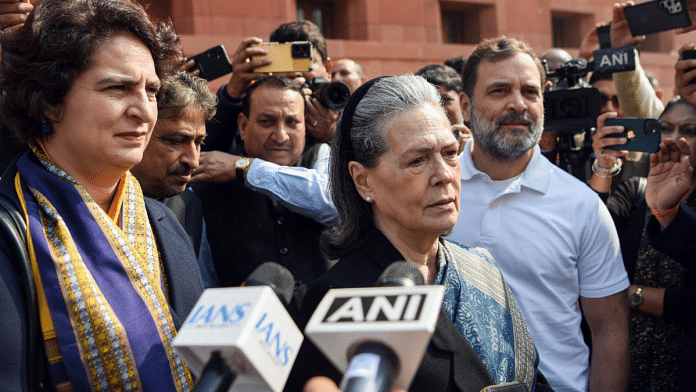 Congress Parliamentary Party chairperson Sonia Gandhi and party General Secretary Priyanka Gandhi Vadra and LoP Rahul Gandhi outside the Parliament in New Delhi on Friday, 31 January 2025. | Rahul Singh | ANI
