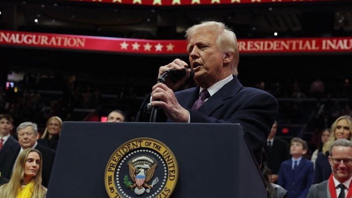 US President Donald Trump speaks during the inaugural parade inside Capital One Arena on the inauguration day of his second presidential term, in Washington, US, on 20 January, 2025. | Carlos Barria | Reuters