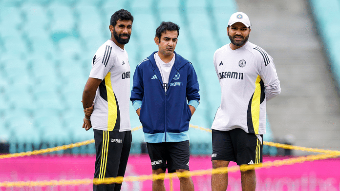 File photo of Indian cricket team head coach Gautam Gambhir (centre) with players Jasprit Bumrah and Rohit Sharma at the ground in Sydney | ANI