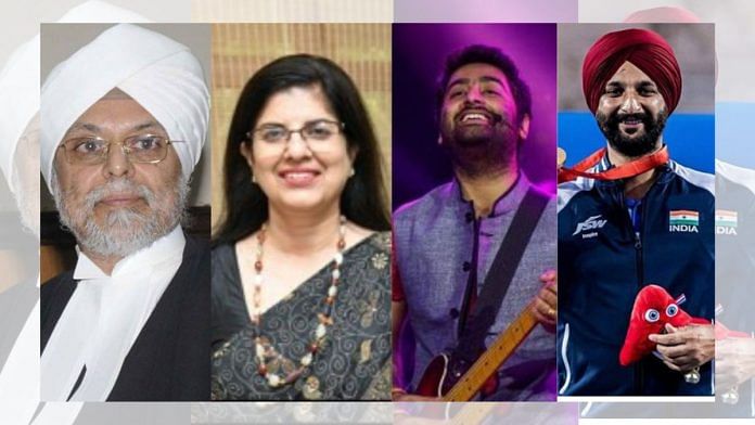 (L-R) Justice (Retd) Jagdish Singh Khehar, gynaecologist Dr Neerja Bhatla, singer Arijit Singh & paralympic archer Harvinder Singh | ANI, Facebook, X