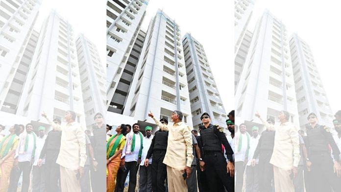 AP CM Chandrababu Naidu visiting the abandoned AIS officers' residential buildings in Amaravati in June | By special arrangement