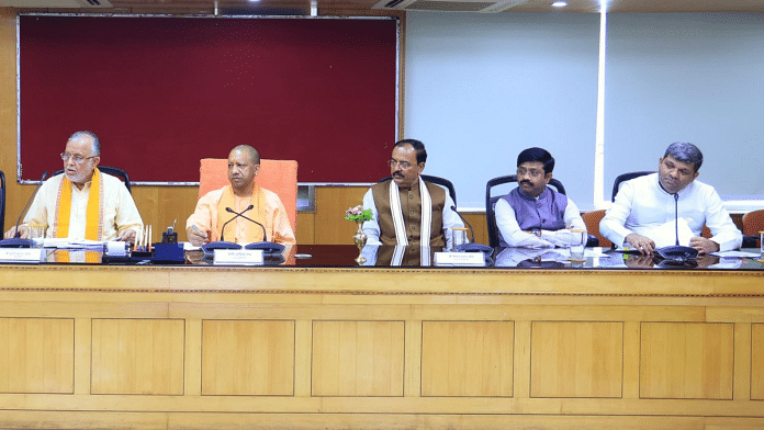 File photo of UP CM Yogi Adityanath (second from left) with UP minister Ashish Patel (extreme right) at a review meeting in Lucknow | X/@ErAshishSPatel
