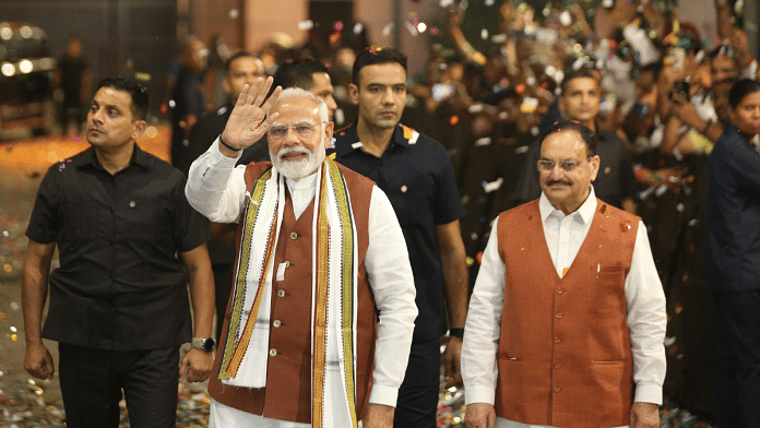 File photo of Prime Minister Narendra Modi and BJP national president J.P. Nadda at BJP headquarters | Suraj Singh Bisht | ThePrint