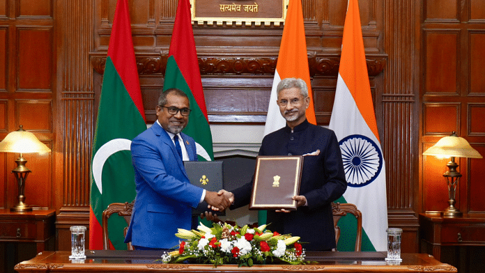 File photo of Maldivian foreign minister Abdulla Khaleel with his Indian counterpart S Jaishankar in New Delhi | X/Dr. S. Jaishankar