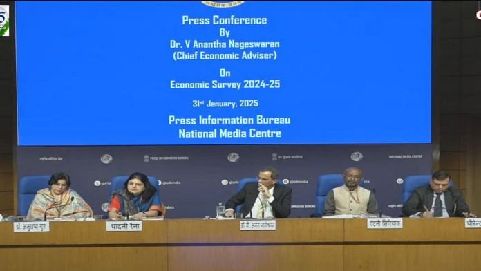 Chief Economic Adviser V Anantha Nageswaran at a press conference on the Economic Survey 2024-2025. | PIB India/ YouTube