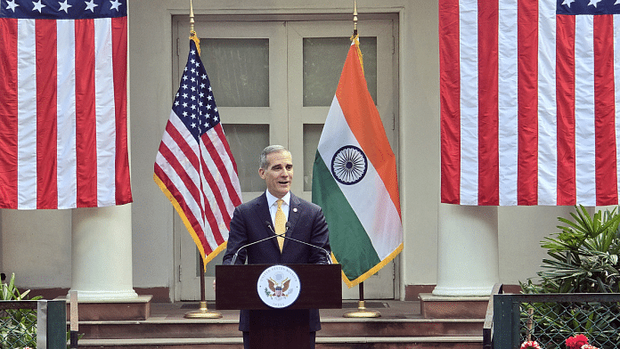 US Ambassador to India Eric Garcetti addresses a gathering on the theme 'The United States and India: Building Bridges for our People', in New Delhi on Monday | ANI