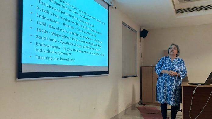 Historian Parmiala V Rao delivering a lecture at NIAS, Bengaluru | Credit: Anisha Reddy, ThePrint
