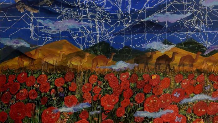 Seema Kohli’s 'Gulab Ke Khet' captures a caravan’s pilgrimage to Katas Raj, merging Punjab’s landscapes with a borderless longing