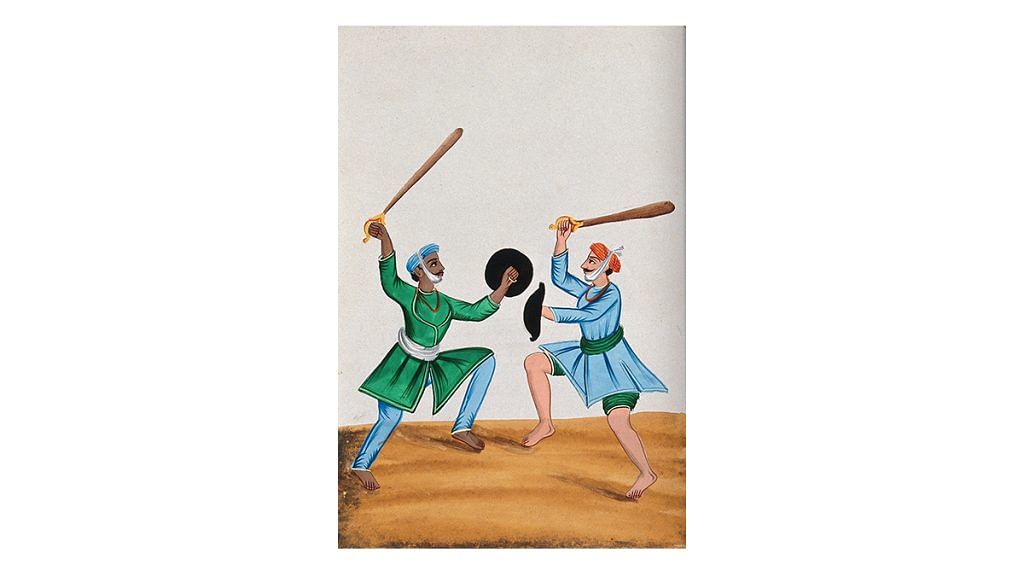 Two sikh men dueling with wooden swords, c.1800–1899, Watercolour with gouache. Image courtesy of Wellcome Collection, London