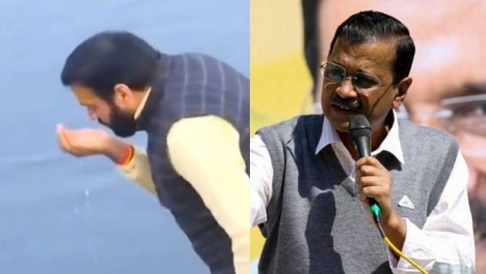 Haryana CM Nawab Singh Saini drinking from the Yamuna, file photo of former Delhi CM Arvind Kejriwal | X/Suraj Singh Bisht | ThePrint