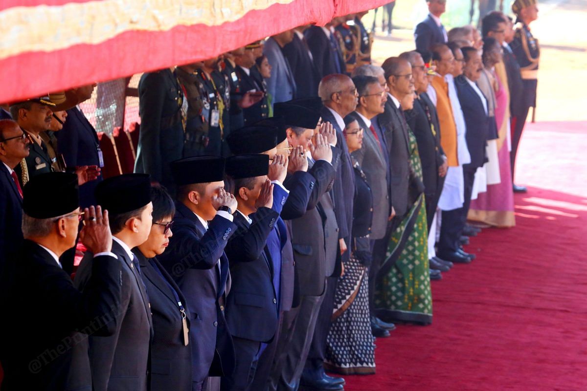 Indonesian and Indian delegations stand as national anthems of both countries play | Praveen Jain | ThePrint