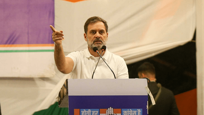 Leader of the Opposition in the Lok Sabha Rahul Gandhi addressed the public rally for the Congress candidate Anil Choudhary ahead of the Delhi Assembly elections at Sadbhavana Chowk, Mandawali, Patparganj in New Delhi on Tuesday, 28 January 2025. | Suraj Singh Bisht | ThePrint