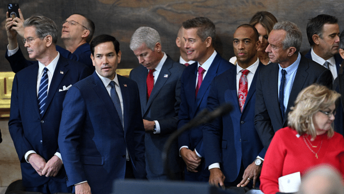 (L-R) US Secretary of Treasury nominee Scott Bessent, Secretary for Veterans Affairs nominee Doug Collins, Secretary of State nominee Marco Rubio, Secretary of Energy nominee Chris Wright, Secretary of Transportation nominee Sean Duffy, Secretary of Housing and Urban Development nominee Scott Turner and Secretary of Health and Human Services nominee Robert F. Kennedy Jr. attend the inauguration ceremony before Donald Trump is sworn in as the 47th US President in the US Capitol Rotunda in Washington, DC, on 20 January 2025. | Saul Loeb | Pool via Reuters
