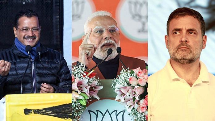 File photos: (L-R) Arvind Kejriwal, Narendra Modi and Rahul Gandhi | ANI