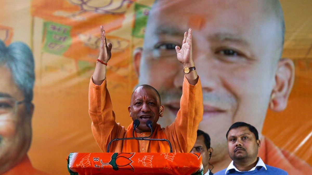 UP CM Yogi Adityanath addresses a rally in Karol Bagh, New Delhi, ahead of assembly elections. | Suraj Singh Bisht | ThePrint