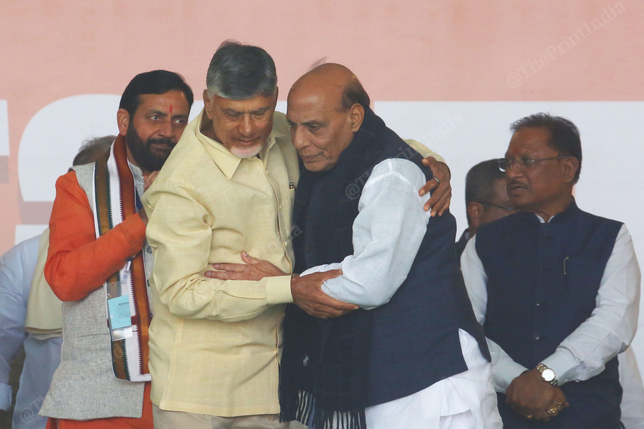 Union minister Rajnath Singh hugs Andhra Pradesh CM ChandrababU Naidu | Photo: Praveen Jain | ThePrint