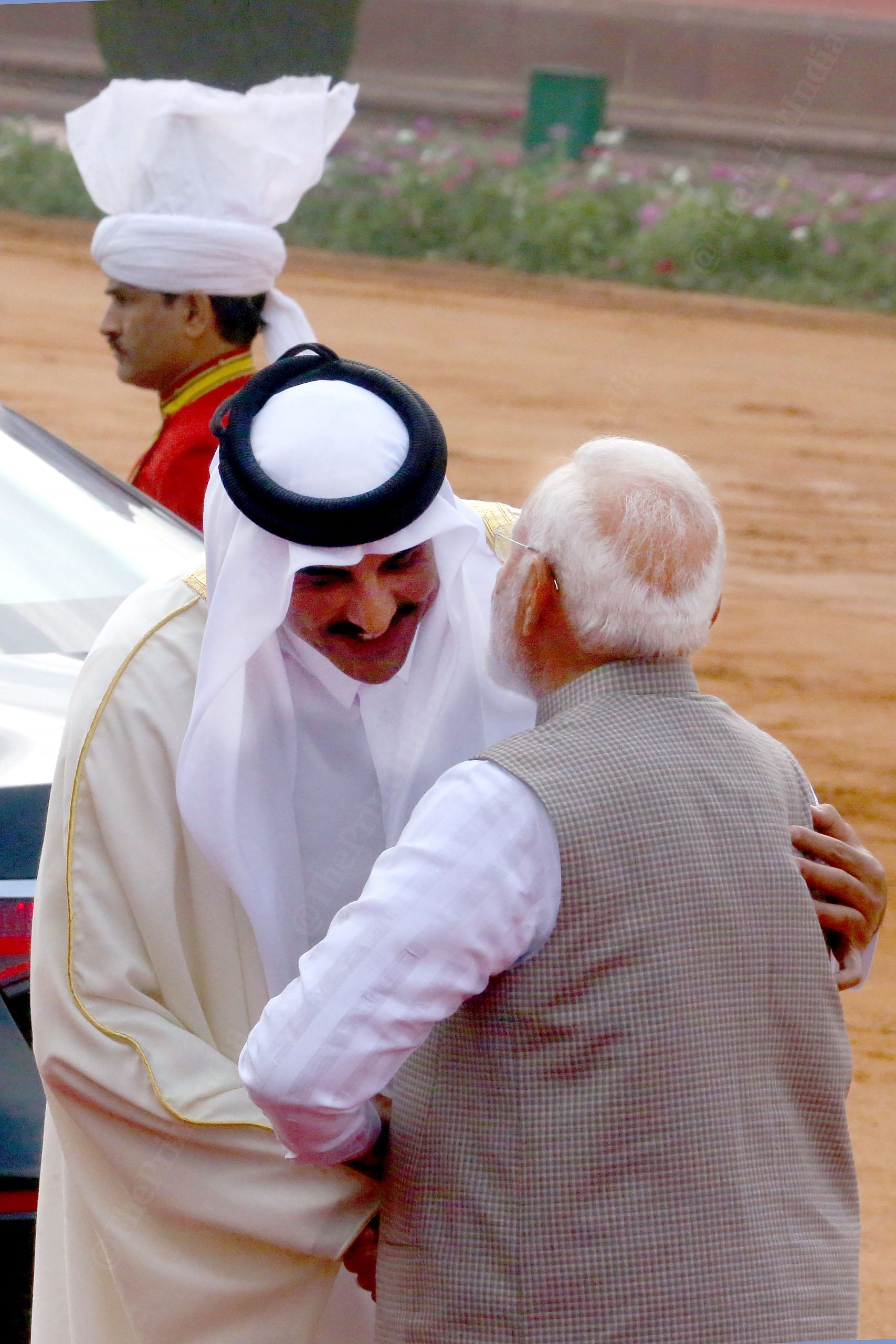 The Amir of Qatar hugs PM Modi on his arrival at the Forecourt of Rashtrapati Bhavan in New Delhi Tuesday, 18 February | Praveen Jain | ThePrint