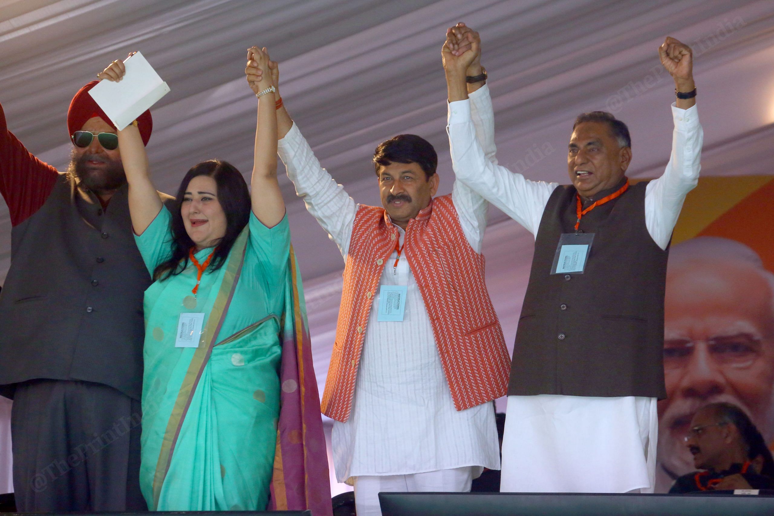 MP Bansuri Swaraj, Manoj Tiwari and Rambir Singh Bidhuri at swearing in ceremony | Photo: Praveen Jain | ThePrint