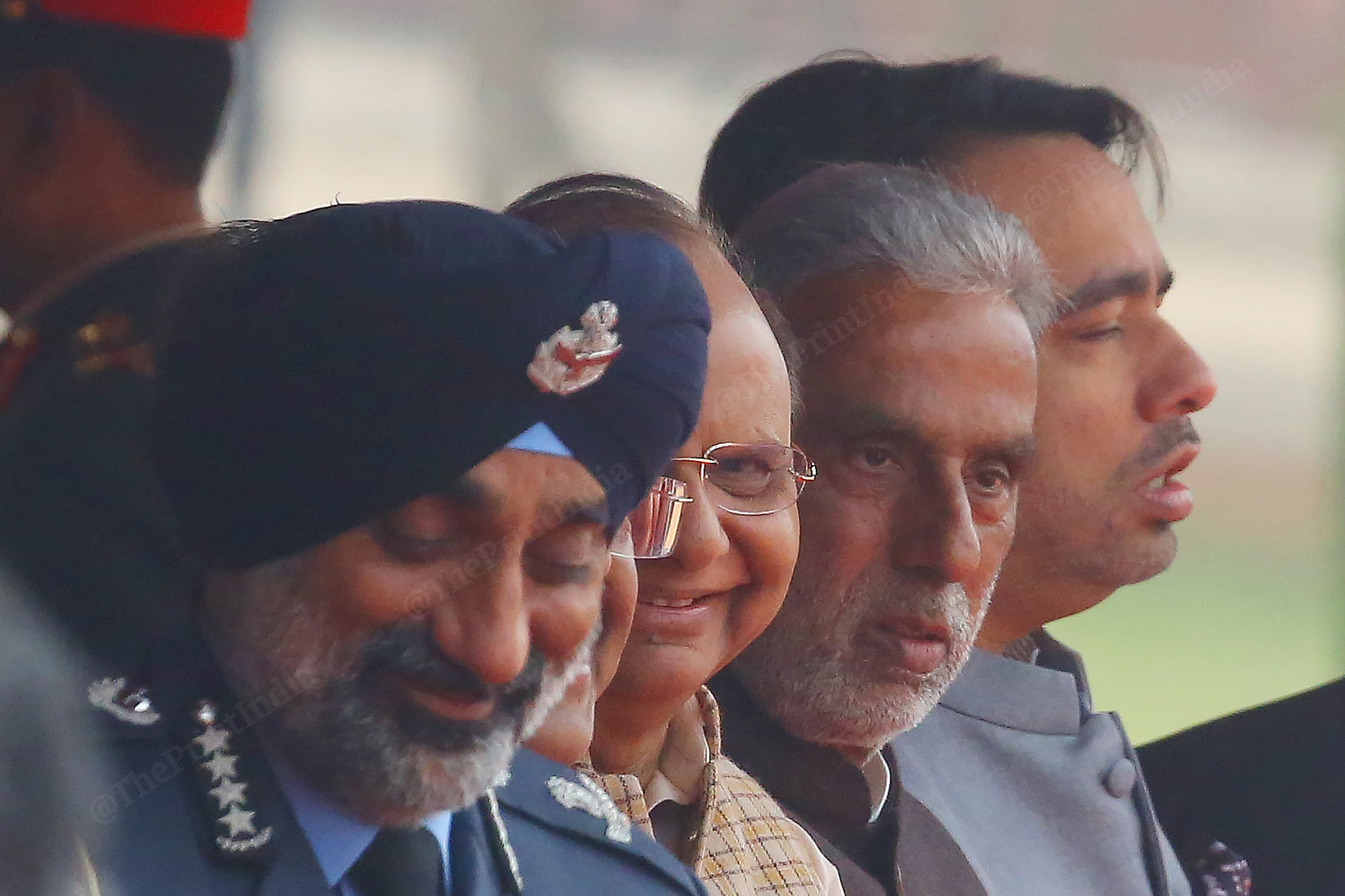 From left: Air Chief Marshal Amar Pratap Singh, Delhi LG Saxena, Minister of State Krishan Pal Gurjar, and Rajya Sabha MP Jayant Chaudhary | Praveen Jain | ThePrint