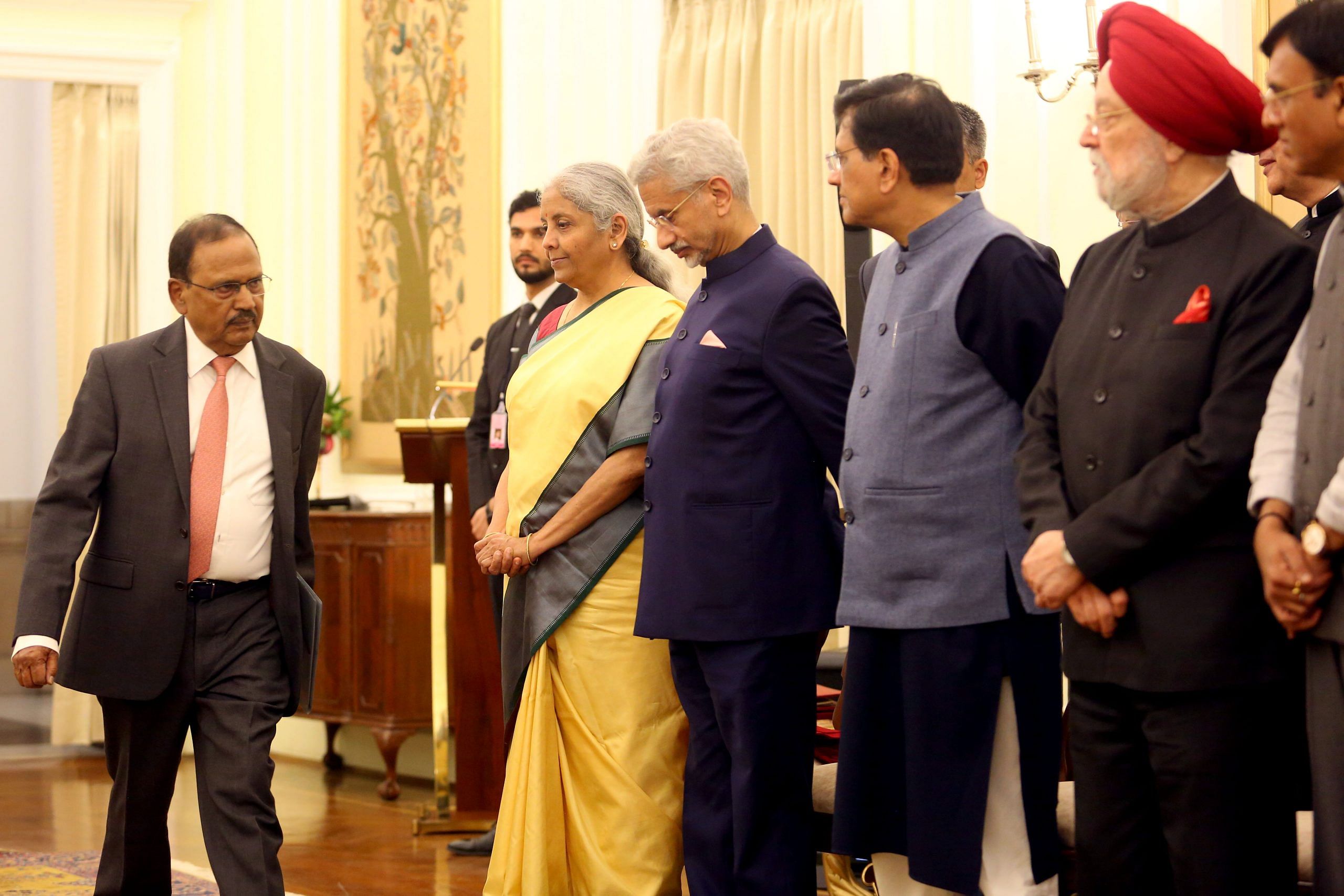 From left: NSA Ajit Doval, FM Nirmala Sitharaman, Minister of External Affairs S. Jaishankar, MP Piyush Goyal, and Minister of Petroleum and Natural Gas Hardeep Singh Puri at Hyderabad House | Praveen Jain | ThePrint