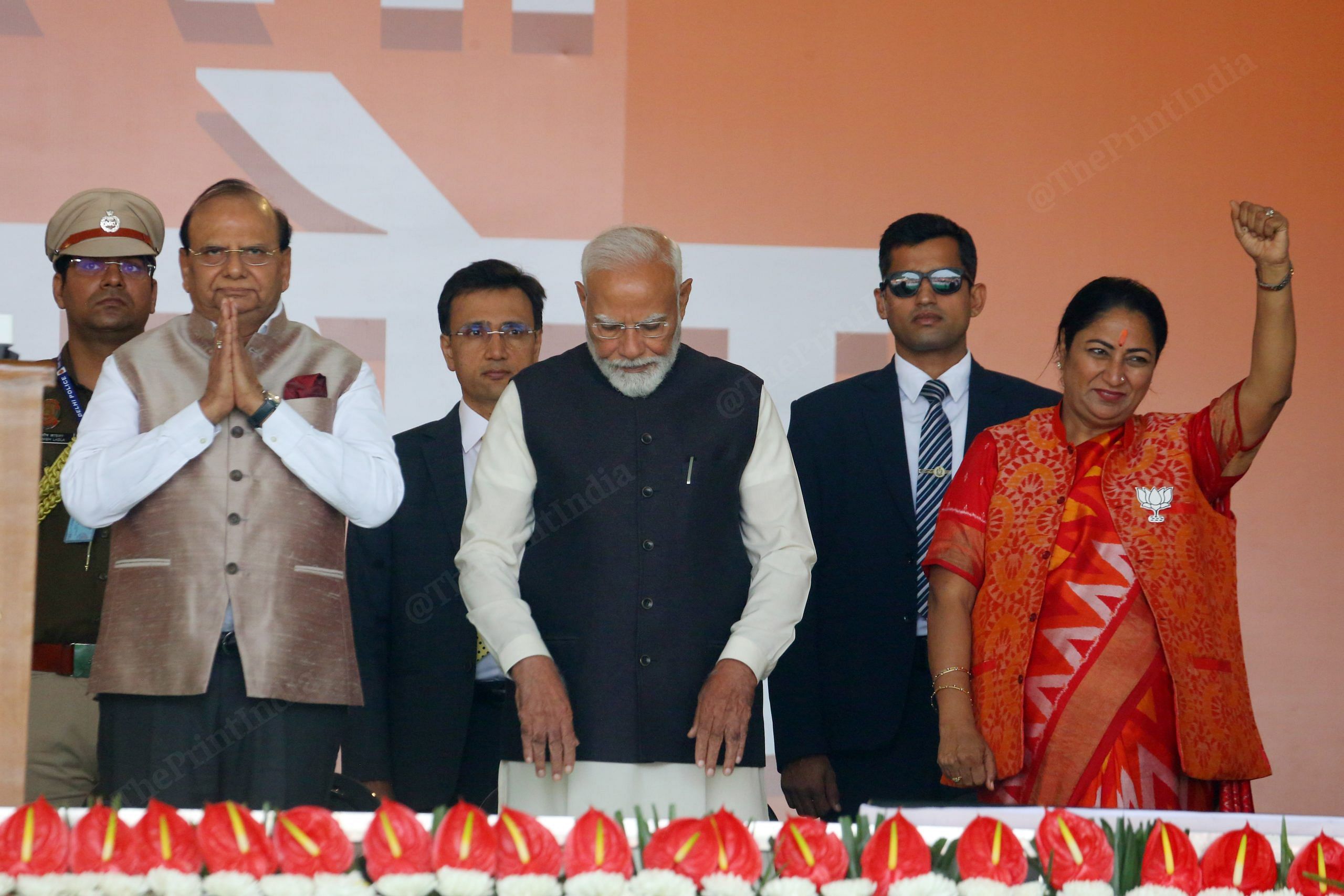 From left to right: Lieutenant governor Vinai Kumar Saxena, PM Modi and CM Rekha Gupta | Photo: Praveen Jain | ThePrint