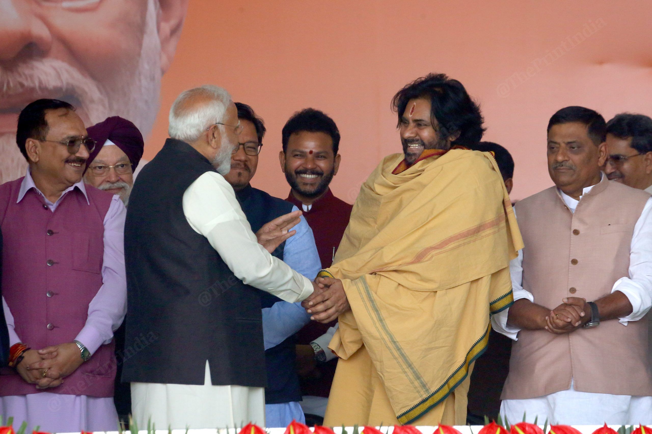 PM Modi shakes hands with Pawan Kalyan | Photo: Praveen Jain | ThePrint